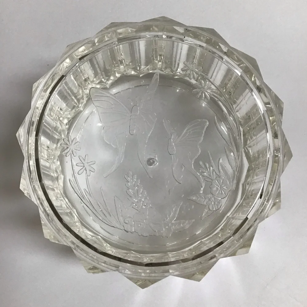 Lucite Acrylic Jewelry Box w/Lid Etched Butterfly Floral 70’s Boho Diamond Edge